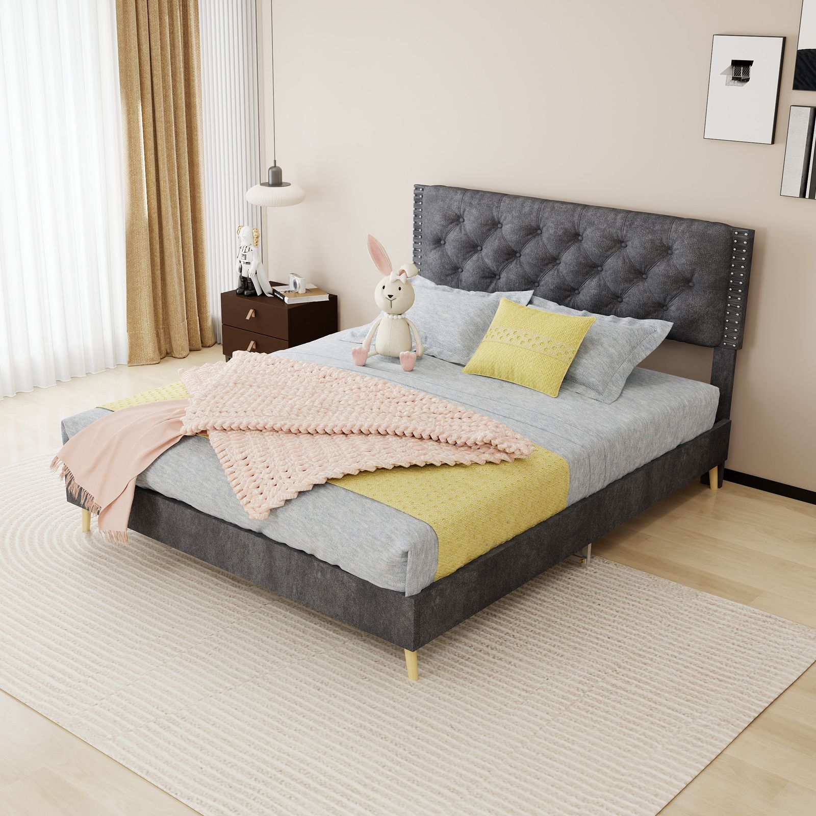Alvantor Queen Size Upholstered Bed Frame with Padded Headboard, Holland Velvet Tufted Gray