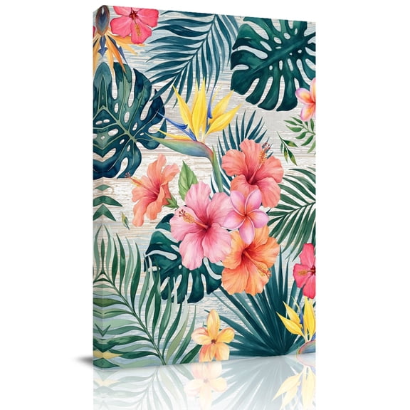 Canvas Wall Art Pink Flower Canvas Art Print Palm Leaves Summer Coastal Tropical Botanical Pictures Wall Decor for Living Room Bedroom Artwork Decorations Stretched Framed Ready to Hang 16"x24"