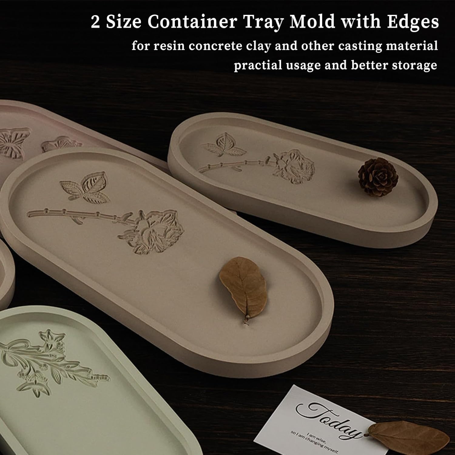 ABCISI Oval Tray Molds for Resin Concrete, 2 Size Rose Carved Oval Silicone Tray Mold, Epoxy Resin Casting Mold for Jewelry Holder Bathroom Vanity Tray Candle Holder Storage, Floral Crafts Gift