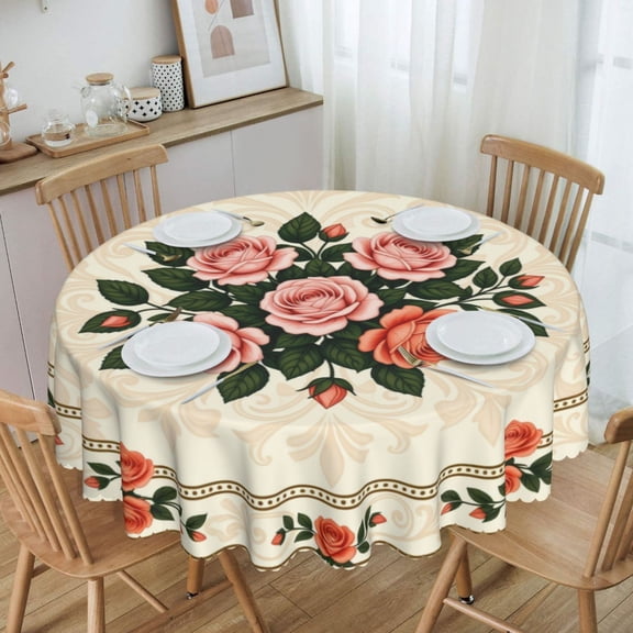 Vintage Floral Rose Bouquet Border Round Tablecloth Waterproof Table Cloth Stain and Wrinkle Resistant Washable, Decorative Fabric Table Cover for Dining, Party and Camping