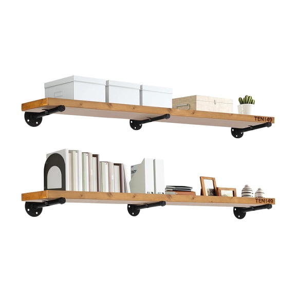 TEN49 Industrial Pipe Wood Wall Shelf - 48" Real Wooden Shelving w/ Special Walnut Color - Modern Interior Decor Floating Shelves w/ Pipe Brackets - Rustic Farmhouse Style Bookshelf - Set of 2