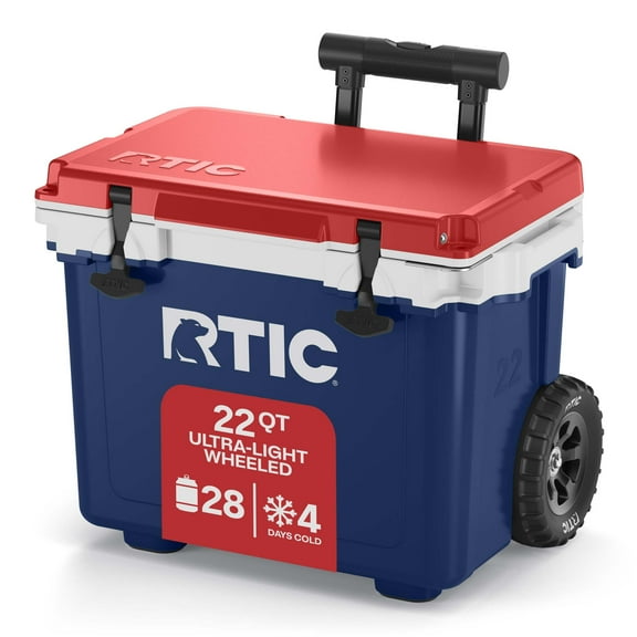 RTIC 22 QT Ultra-Light Wheeled Hard-Sided Ice Chest Cooler, Fits 28 Cans, 6 Wine Bottles, Patriot, 22 QT Ultra-Light Wheeled Cooler