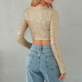 thumbnail image 7 of Spring Tops for Women Womens Long Sleeve Tops Cropped Women's Sexy and Fashionable Beaded T-shirt with Sequins Solid Color Exposed Navel Long Sleeved Top Beige M, 7 of 7