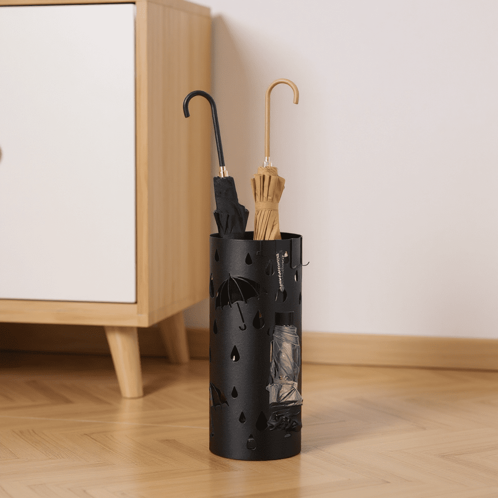 LEDREM Freestanding Umbrella Stand with Detachable Drip Tray , 4-Hook Metal Holder for Entryway Storage , 19.3 Inch ,Ink Black