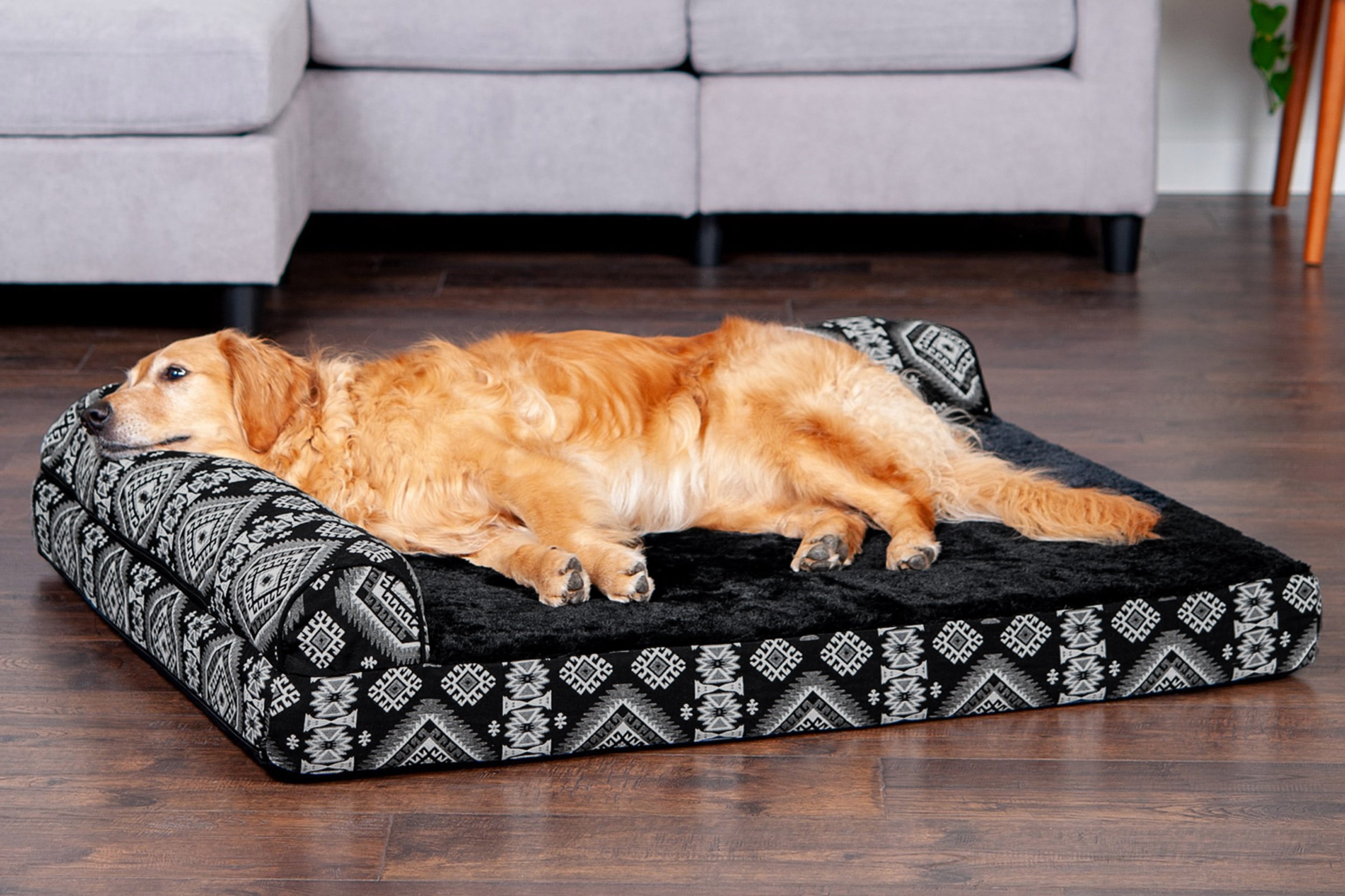 FurHaven Pet Products Southwest Kilim Orthopedic Deluxe Chaise Lounge Pet Bed for Dogs & Cats - Black Medallion, Jumbo