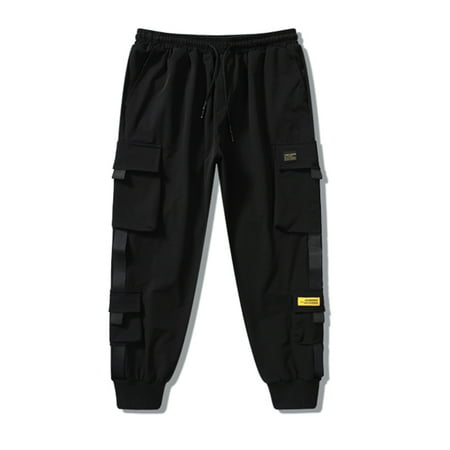 Men Cargo Harem Pants Fashion Ribbons Multi Pockets Solid Color
