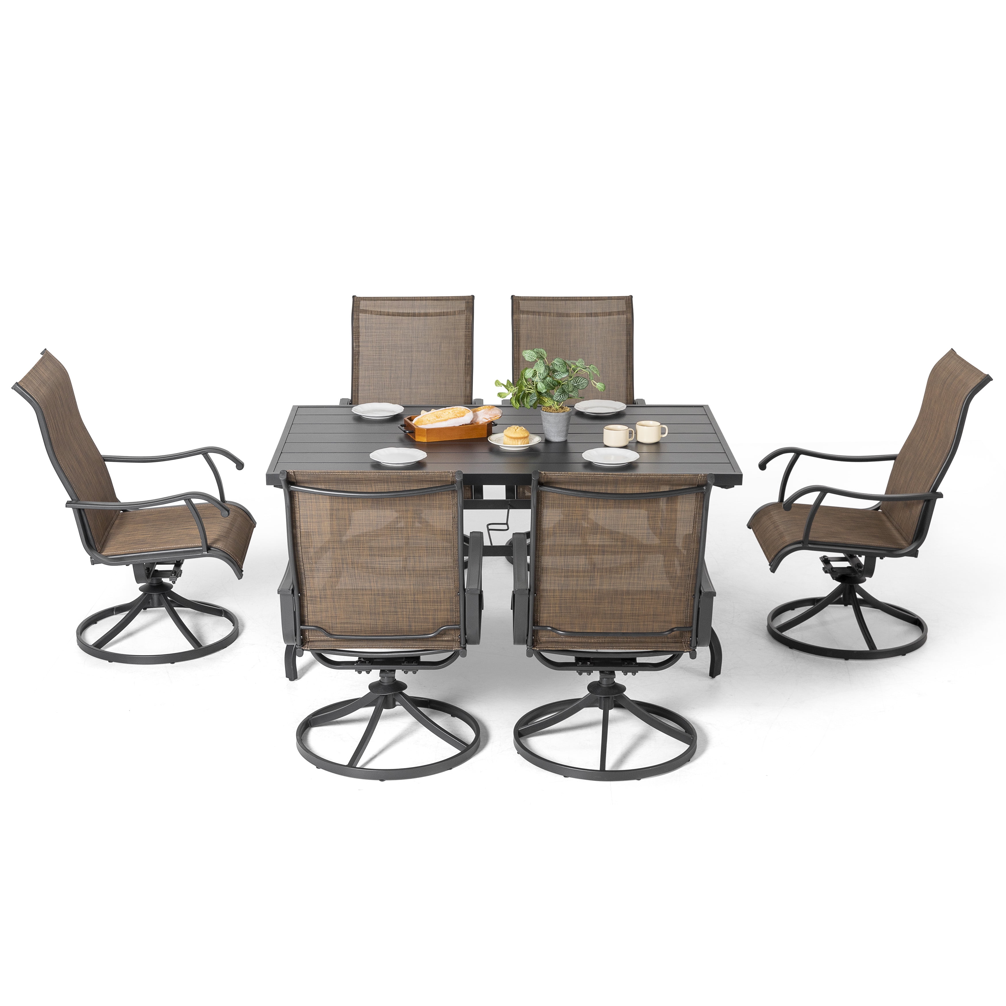 Nuu Garden 7 Piece Outdoor Dining Set Iron Patio Furniture Set 6 Swivel Patio Chairs and 1 Dining Table with 1.57 Inch Umbrella Hole, Brown