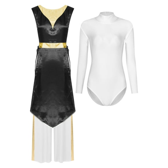 Kaerm Women Liturgical Worship Dance Outfit Top Metallic Split Lace-Up Sides Tunic with Loose Pants Set Black L