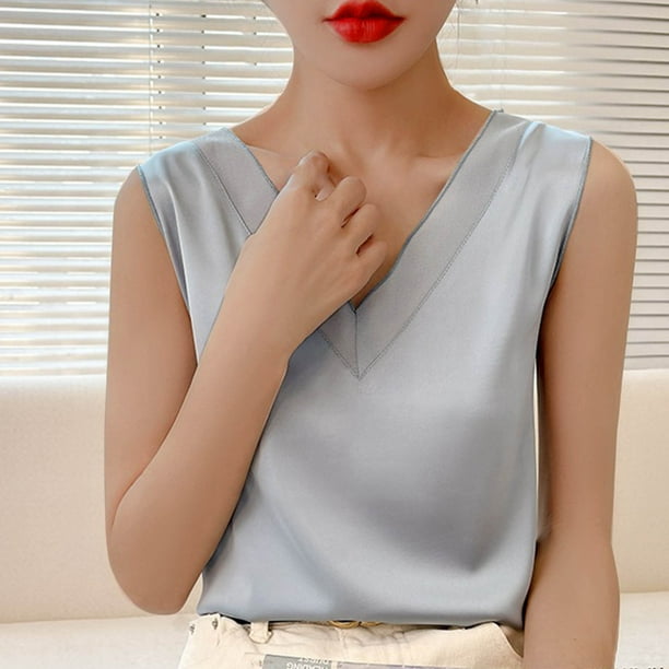 Puntoco Camisetas sin mangas ajustadas para mujer Camiseta sin mangas redonda con cuello en V sólido informal y de moda de verano para mujer