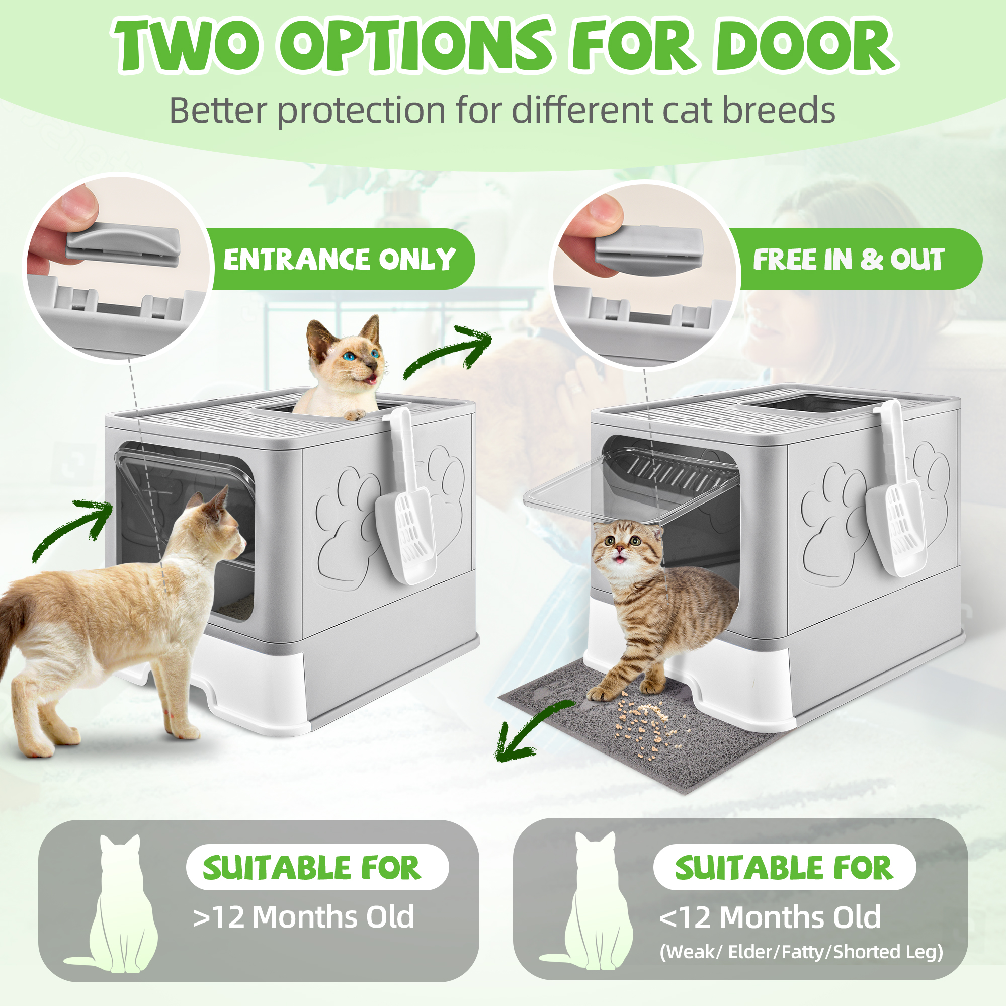 Upgraded Extra Large Cat Litter Box With Scoop, Plastic Standard Enclosed Litter Box, Upgraded Adjustable Door Cat Litter Box With Enlarged Drawer, Light Grey