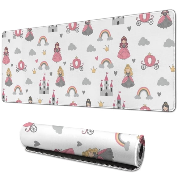 Long Mouse Pads for Desk,Beige Princess Castle Rainbow Pattern Desk Mats on Top Of Desks, Desk Mouse Pad Extra Large with 3mm Non-Slip Base and Stitched Edge for Gaming,Office,Work,Home 31.5"x11.8"