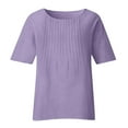 thumbnail image 4 of Dasayo Cotton Linen Trendy Tops for Women 2025 Pleated Short Sleeve Solid Split Casual Blouses Womens Blouses M, 4 of 5
