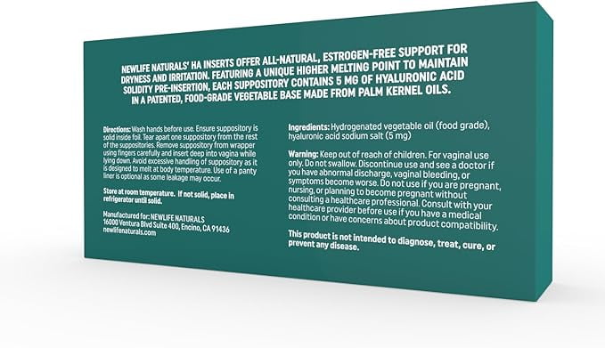 NewLife Naturals Hyaluronic Acid Vaginal Suppositories – Vaginal Moisturizer Hydration Dryness Support – 12 Inserts - 1 Month Supply USA