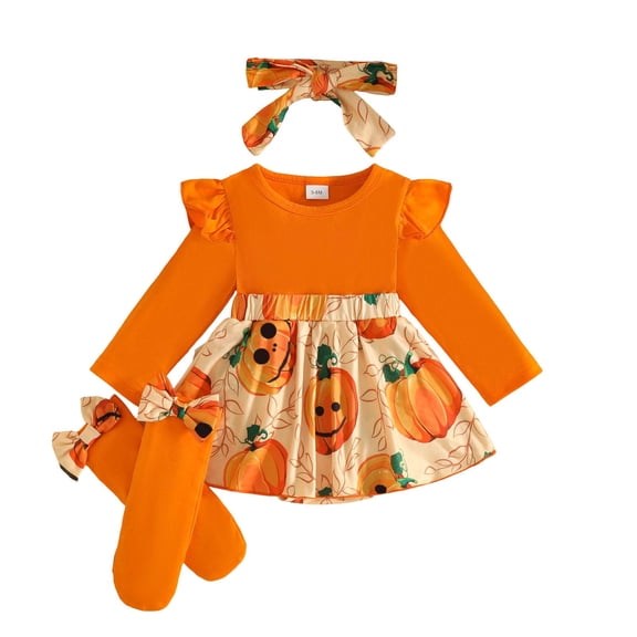 Girls Clothes Fall Outfits Long Sleeve Halloween Cartoon Pumpkin Romper Bodysuits Dress Headbands Set 2 Piece Kids Casual Clothes Size 9-12 Months