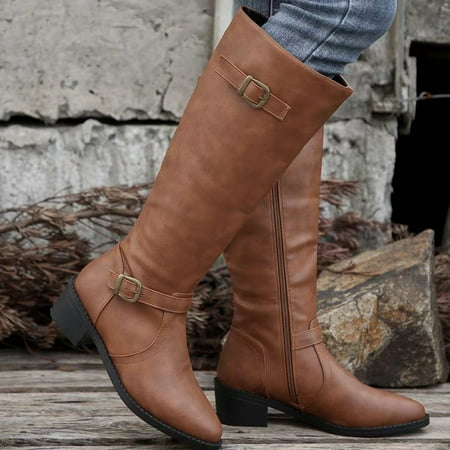 

WZJuhiie Ladies British Style Leather Belt Buckle Decorative Side Zipper Dashion Long Tube Knee Boots
