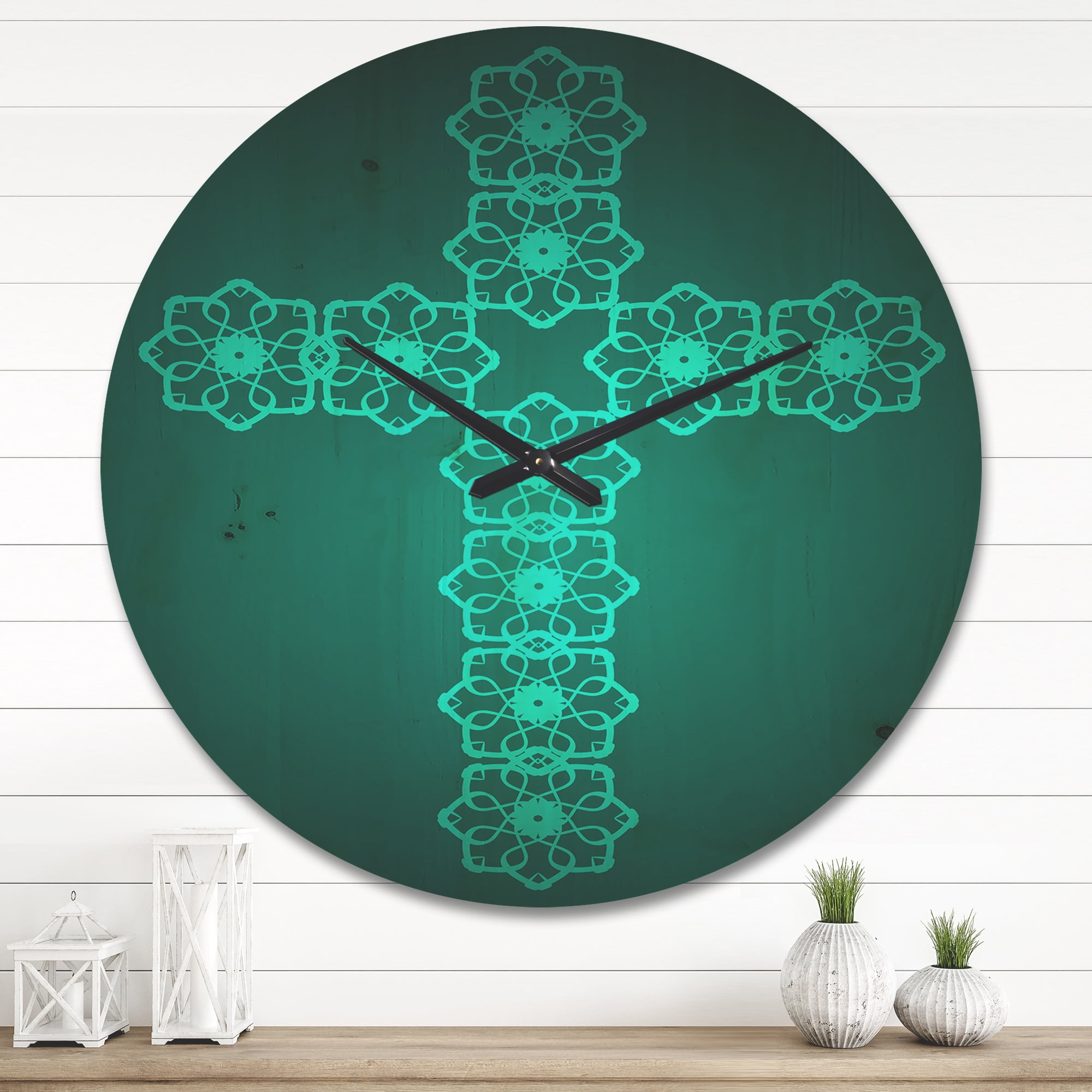 Designart 'Turquoise Pattern Holy Cross ' Modern Wood Wall Clock