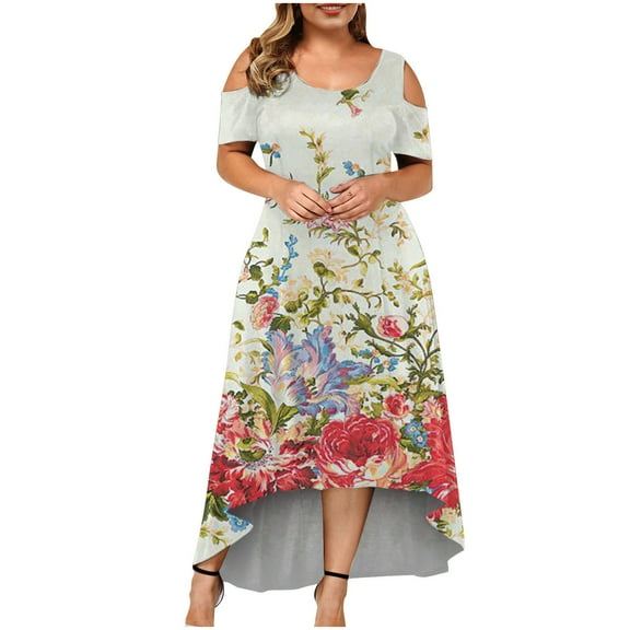 USSUMA Womens Dresses Vacation, Women's Cold Shoulder Plus Size Casual Long Swing Dress Summer Ladies Floral Crewneck Party Beach Maxi Dress Sundresses