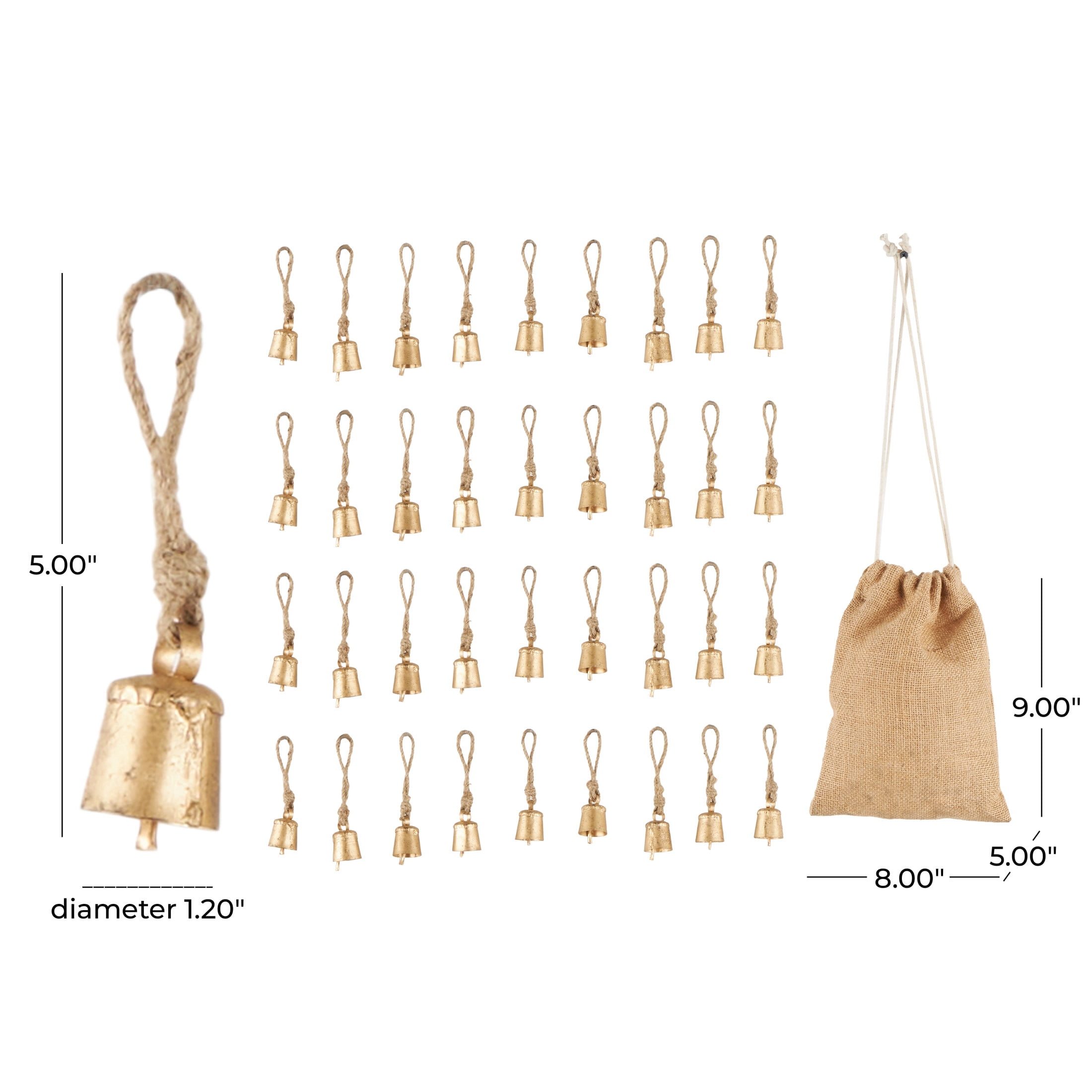 DecMode Tibetan Inspired Gold Metal Round Decorative Bells with Jute Rope and Canvas Tote, 36 Count