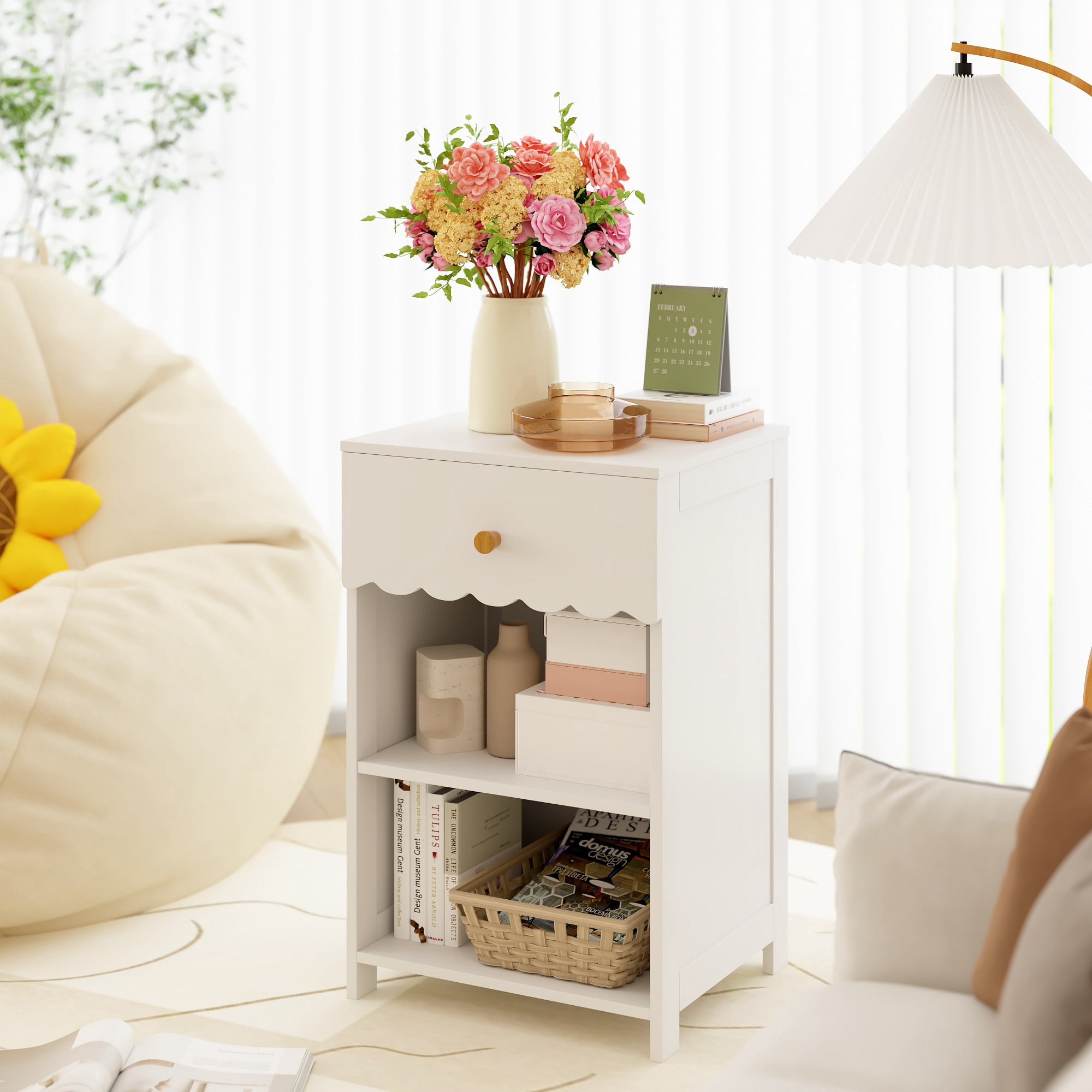 Yoneston 3-Tier Open Shelf Nightstand with Drawers Modern Nightstand Set of 2, Snow White