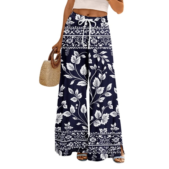 UDAUDU Womens Summer Boho Palazzo Pants 2026 High Waist Wide Leg Floral Casual Trendy Lounge Trousers with Pockets Blue S