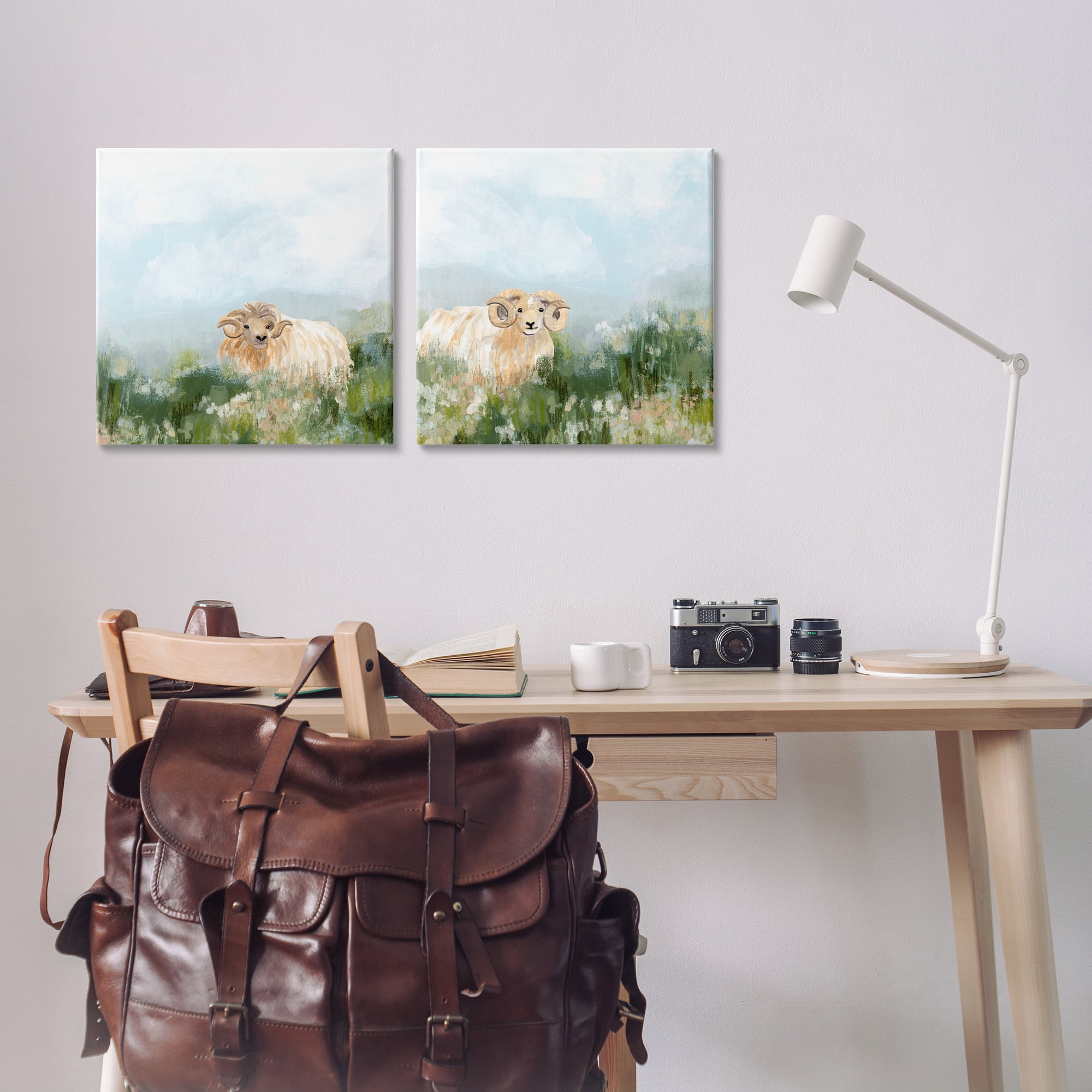Stupell Industries Curly-Horned Sheep Field Animals Painting Wrapped Canvas Art Print Wall Art, 17 x 17, Set of 2