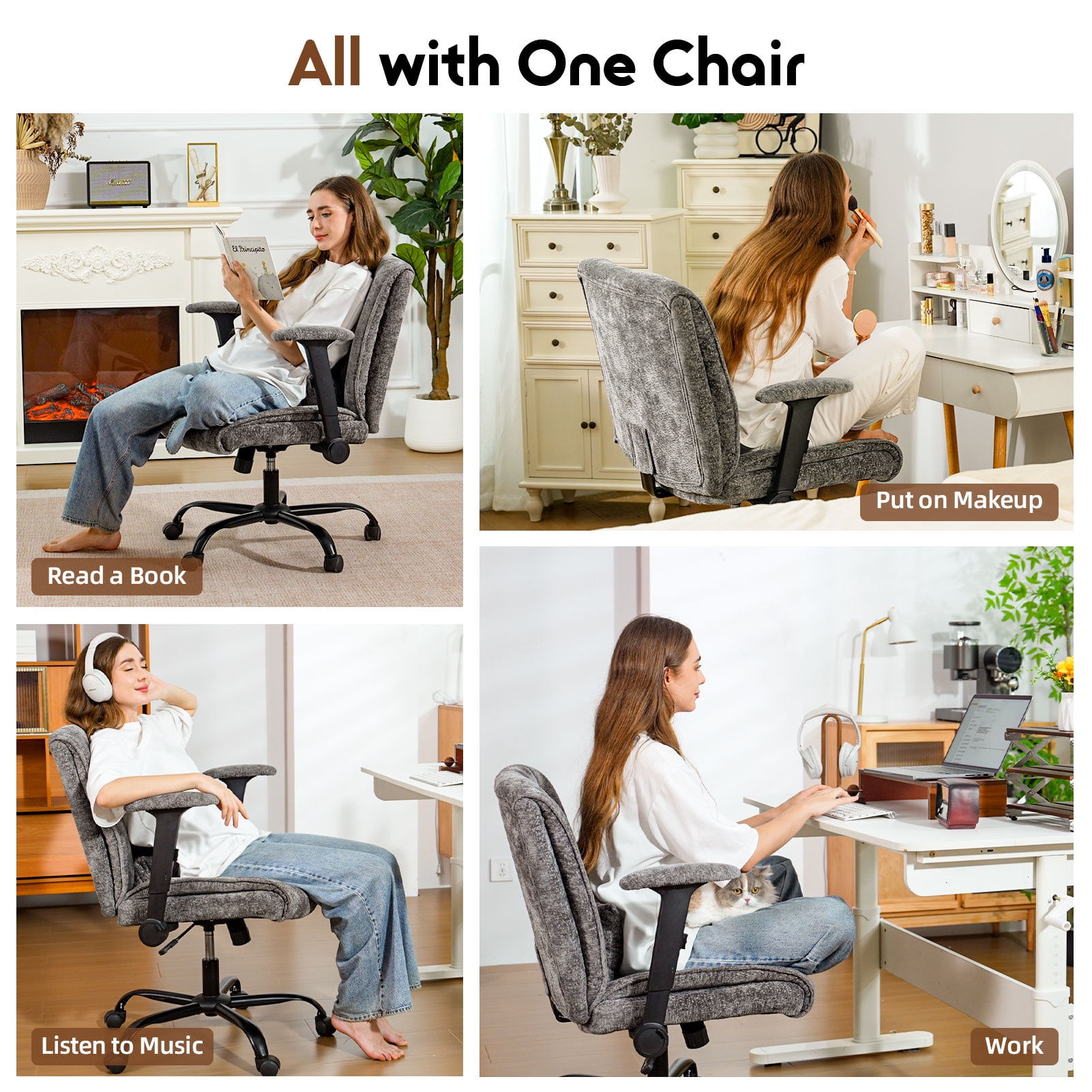 zzw Chenille Home Office Criss Cross Chair with Flip Arms, Lumbar Support and Wheels, Gray