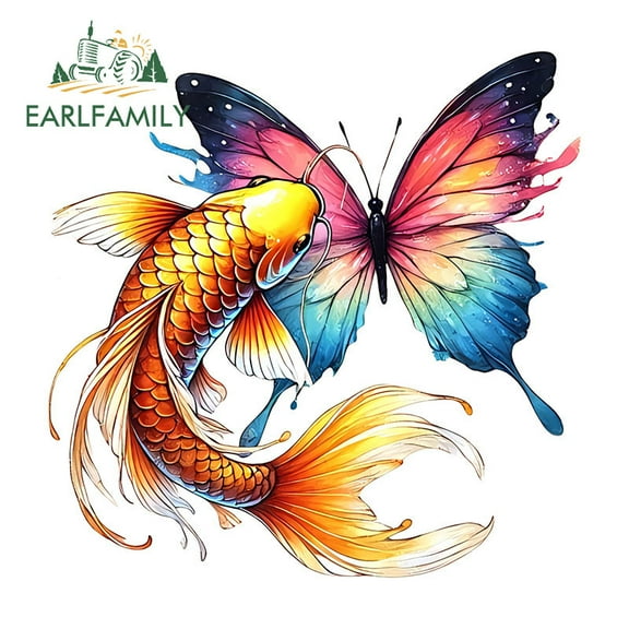 EARLFAMILY 5.1 Inch Koi Fish and Butterfly Car Stickers Cartoon Cute Motorcycle Helmet Storage Flask Vinyl Decals Creative Scratch-Proof Car Door Protector