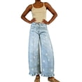 thumbnail image 5 of sicmoss Women's Blue Cotton Barrel Jeans Y2K Wide Leg Baggy Ruffle Hem with Pockets, 5 of 7