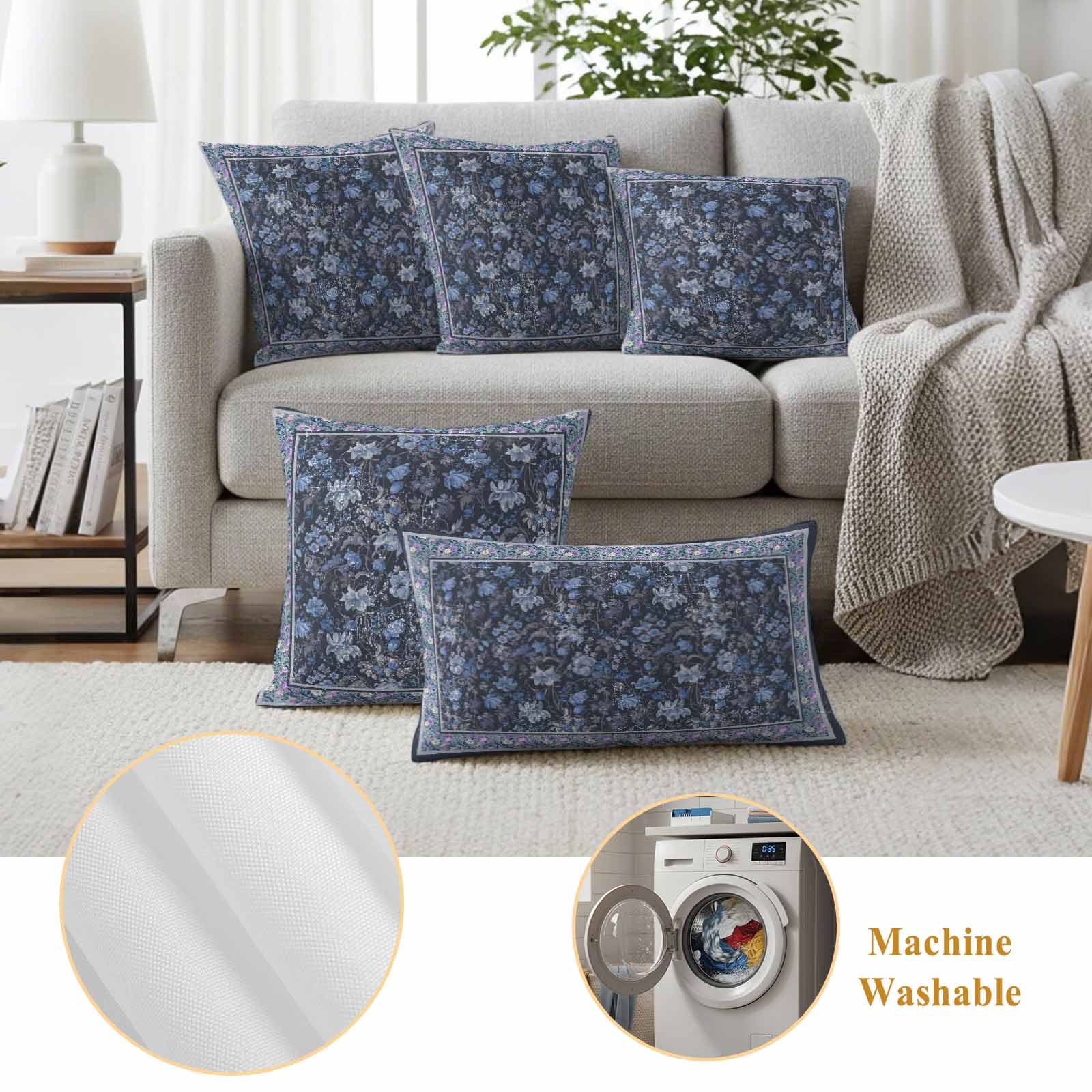 Navy Blue Floral Boho Waterproof Outdoor Throw Pillow Covers 20"x12" Pack 2, Pillow Cases Throw Cushion Cover with Zipper, Ethnic Tribe Abstract Art Flower Washable Pillowcase for Poolside Sofa