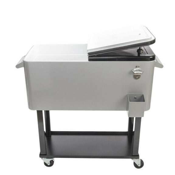 WSRFSD 80 Quart Outdoor Steel Cooler Cart - Rolling Patio Party Ice Chest with Warm & Cooling Functions, Silver