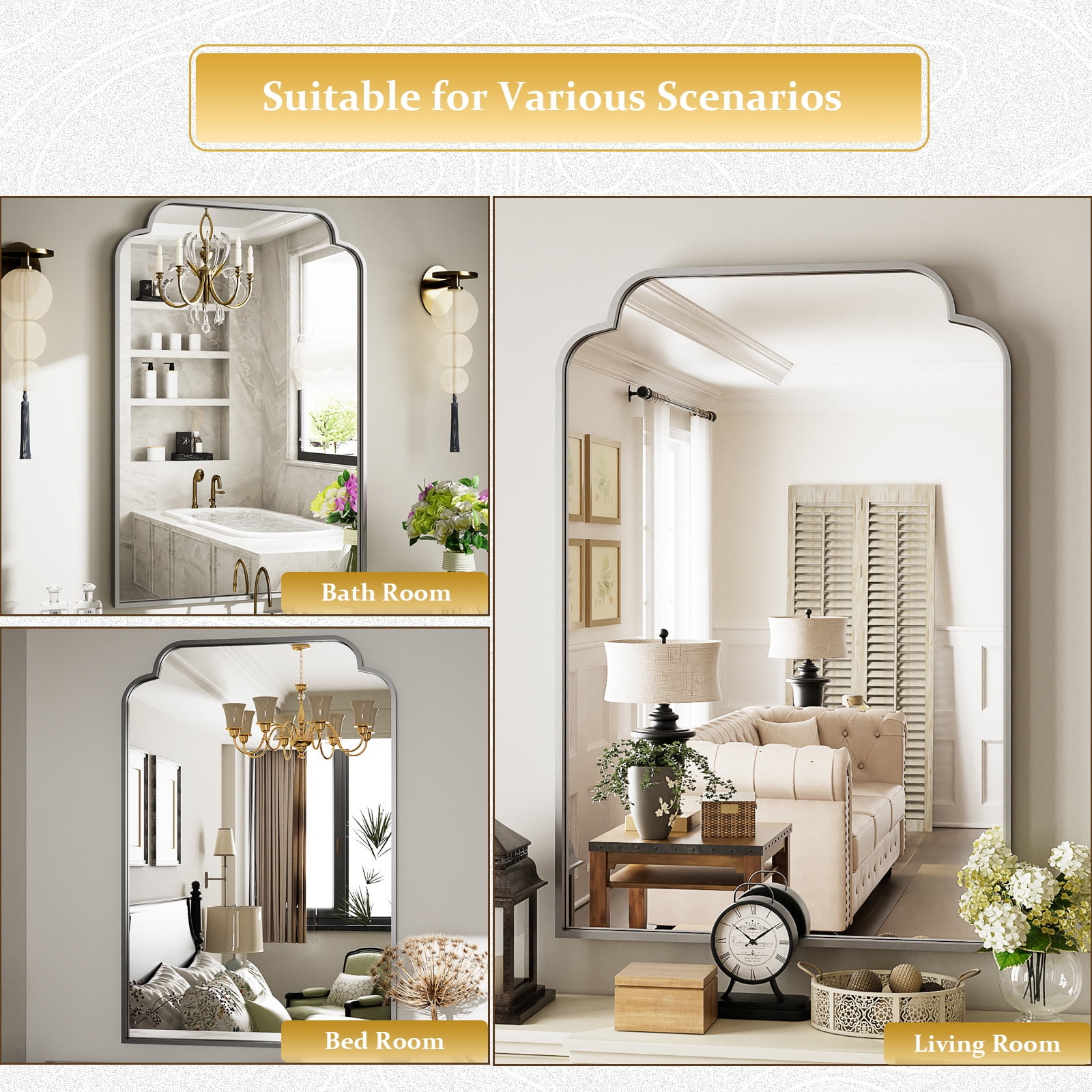 GRAHMCY 40"x30" Bathroom Mirror Arched Wall-Mounted Leaning Vanity Mirror with Deep Frame, Silver