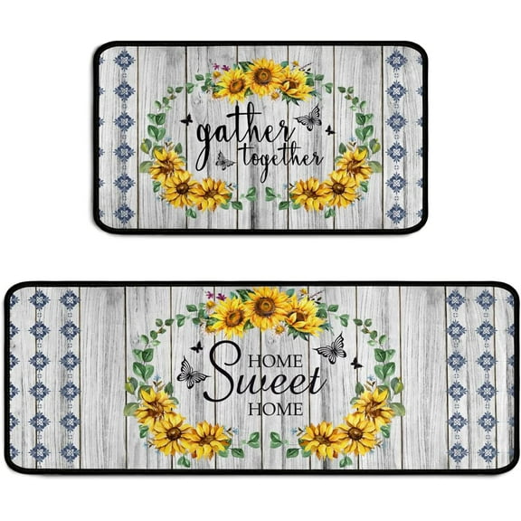 Sunflower Kitchen Rug Set of 2s Set, Farmhouse Washable Non-Slip Kitchen Sink Decor Carpet, Home Cushioned Kitchen Floor Standing Mats 17"x47" 17"x30"