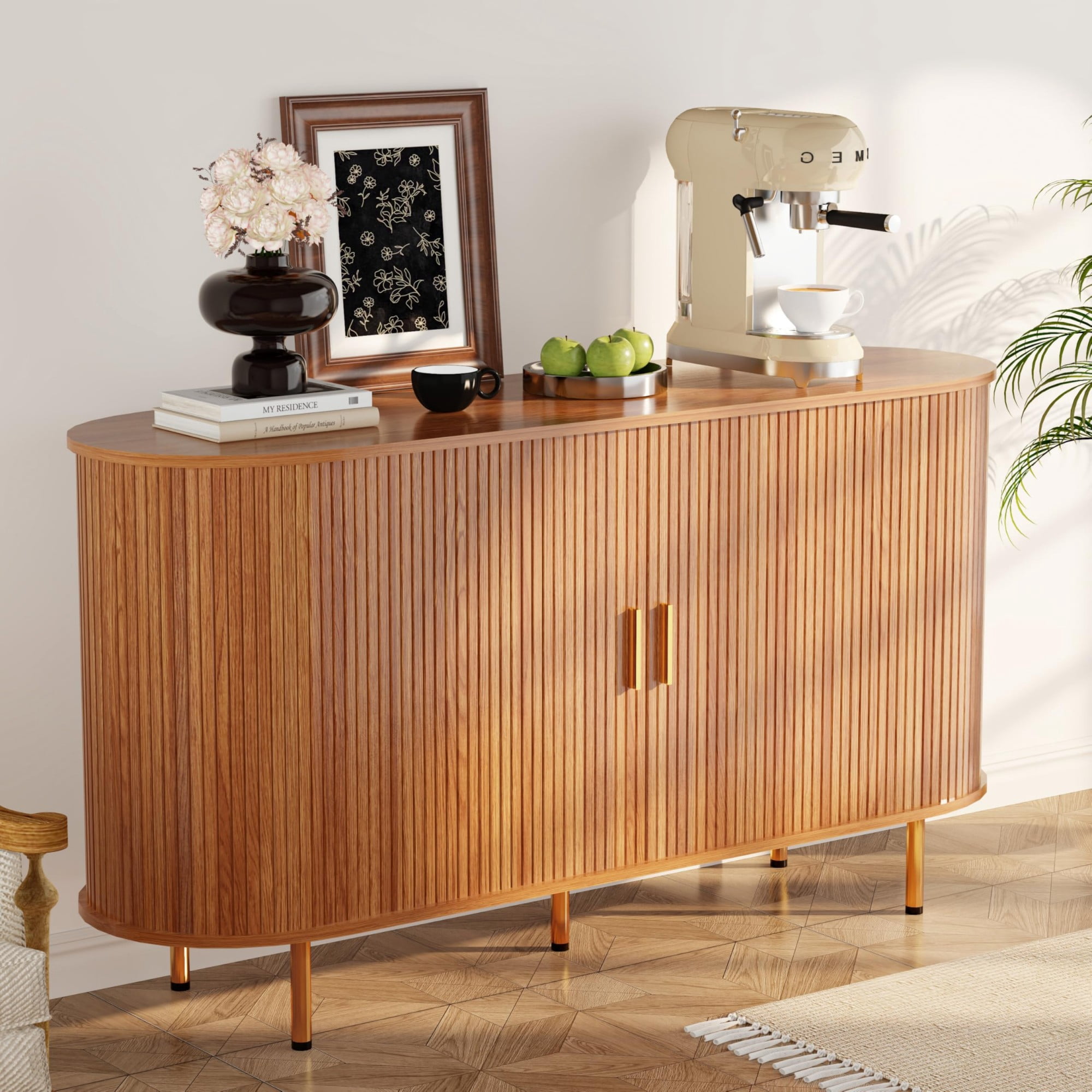 Mid Century Modern Sideboard Buffet Cabinet, 55 Inch Fluted Coffee Bar Console with Tambour Sliding Doors, Yellow