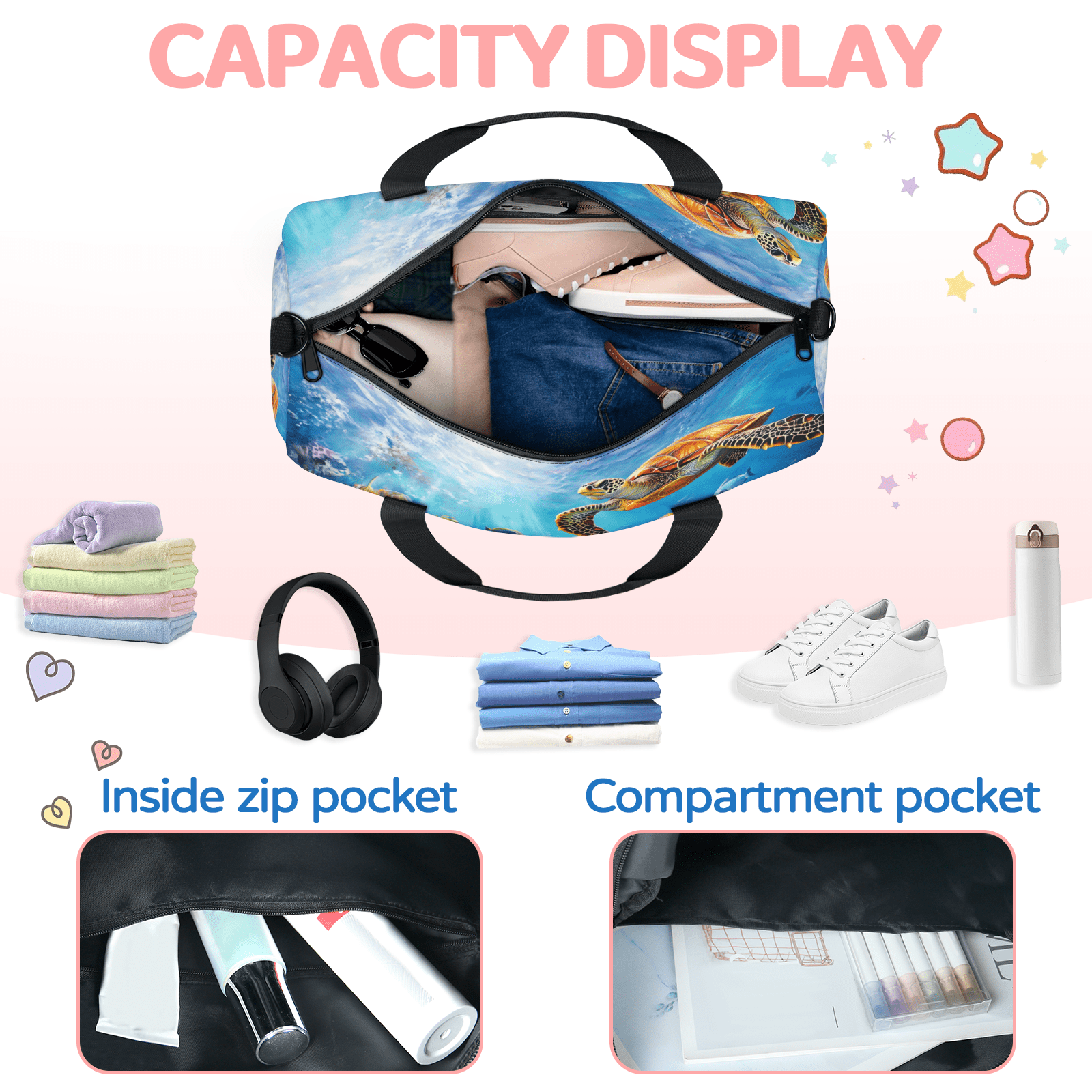 Herdesigns Sea Turtles Gym Bag for Women, Ocean Animal Duffle Bag for Travel Sport, Lightweight Waterproof Carry on Weekender Overnight Dance Yoga Workout Bags