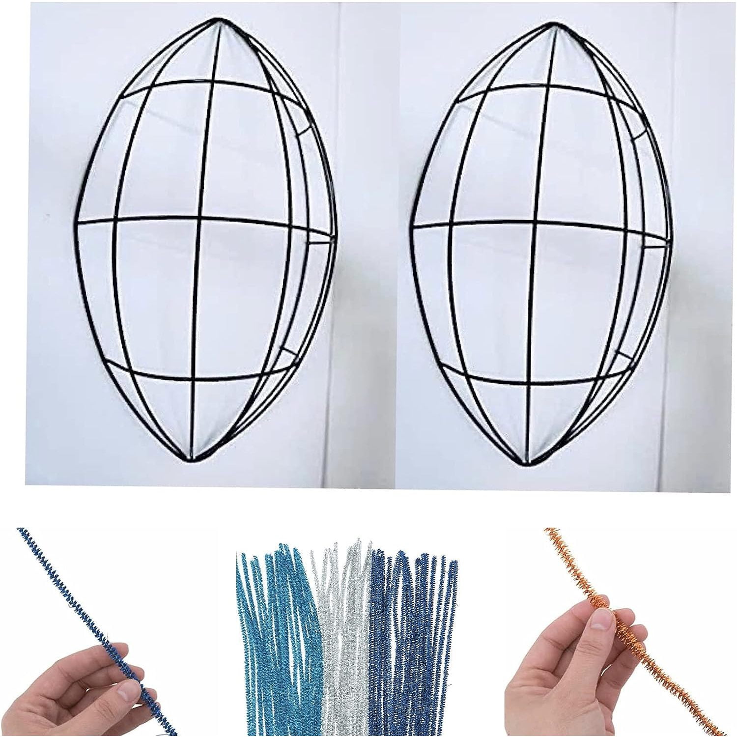 HTYSUPPLY (Set of 2) HT Football Wreath Frame Form Metal, Football-Shaped Wire Wreath Form Frame, 3.625x7.125x12-in.Bundled with 2Metallic Chenille Stems