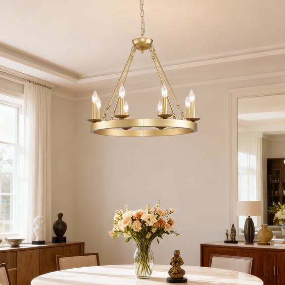 Newest 24” Gold 8-Light Wagon Wheel Chandelier, Modern Farmhouse Pendant for Kitchen Island & Dining Nook