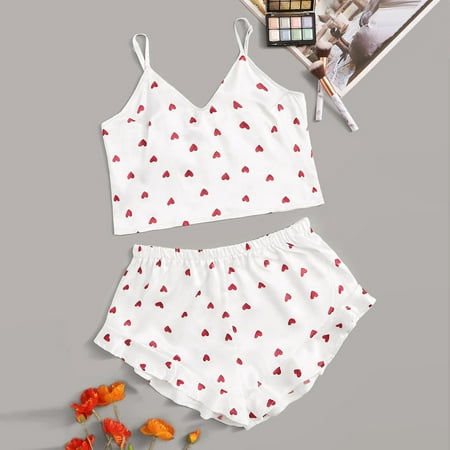 

Lingerie For Women Plus Size Women Heart Print Satin Camisole Pajamas Ruffled Flounce Shorts Lingerie Set