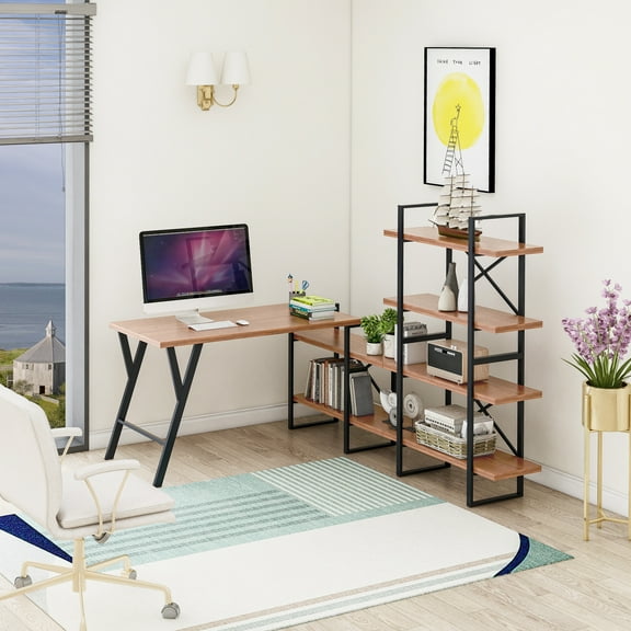 L - Shaped Home Office Desk with 6 Walnut Shelves