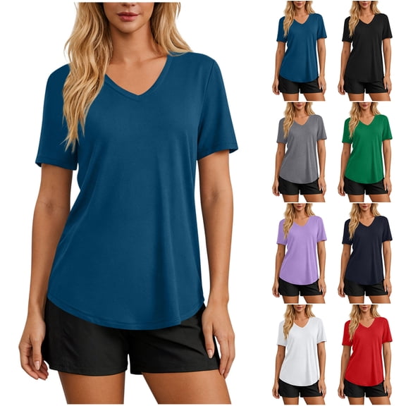 Otntypg Workout Tops for Women Casual V Neck UPF50  Breathable Loose Fit Yoga T Shirts Short Sleeve Running Gym Athletic Tee Top Black M