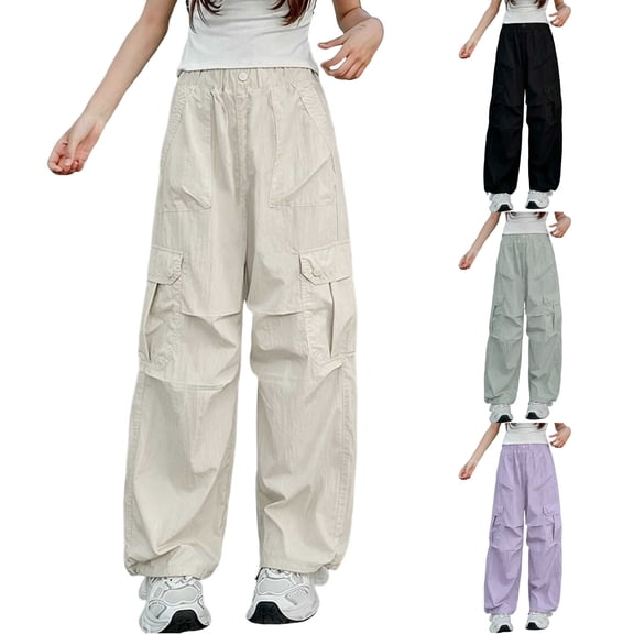 Auroural Cargo Pants for Girls 7-8 Children's Solid Color Elastic Waist Multi Pockets Casual Sports Overalls Pants Kids Streetwear Trousers