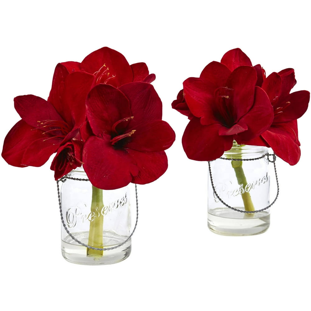 Nearly Natural Artificial Amaryllis in Glass Vase, Set of 2 Walmart