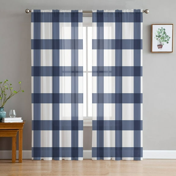 Farm Blue Plaid Semi Sheer Curtains 63 Inch Length 2 Panels Set, Sheer Kitchen Curtain Privacy Voile Window Curtain for Living Room Bedroom Rod Pocket Drapes