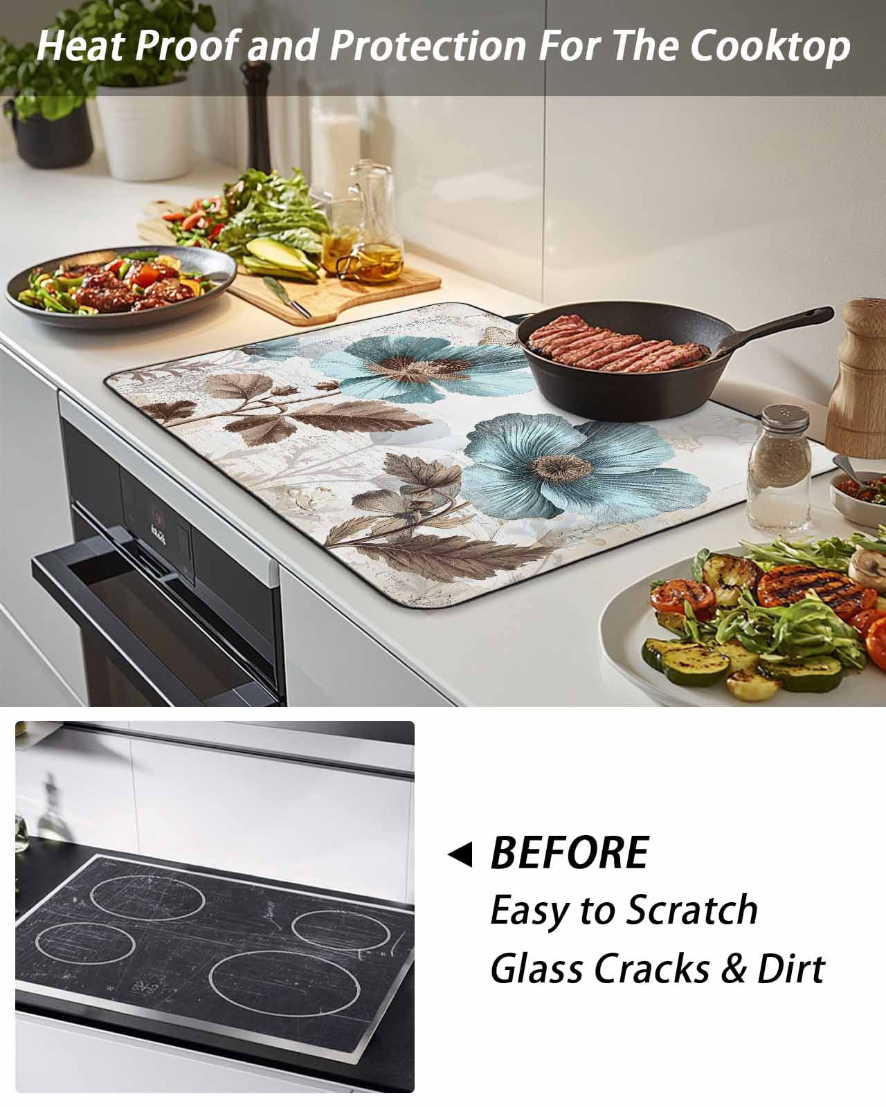 Stove Top Covers for Electric Stove, Vintage Flowers Glass Stovetop Cover Protector, Teal Blue Floral Nature Butterfly Induction Cooktop Protector Oven Mat for Kitchen Countertop 24"x21"