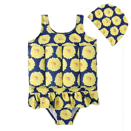 

URMAGIC 2-6Y Kid Girl Cute One Piece Float Swimsuit Cap Suit Ruffle Bikini Buoyancy Swimwear/Sunflower