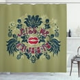 thumbnail image 1 of Kiss Me Shower Curtain, Kiss Quote with Flower and Leaf Silhouettes Typography Illustration, Fabric Bathroom Set with Hooks, 69W X 70L Inches, Ruby Pale Green Dark Teal, by Ambesonne, 1 of 3
