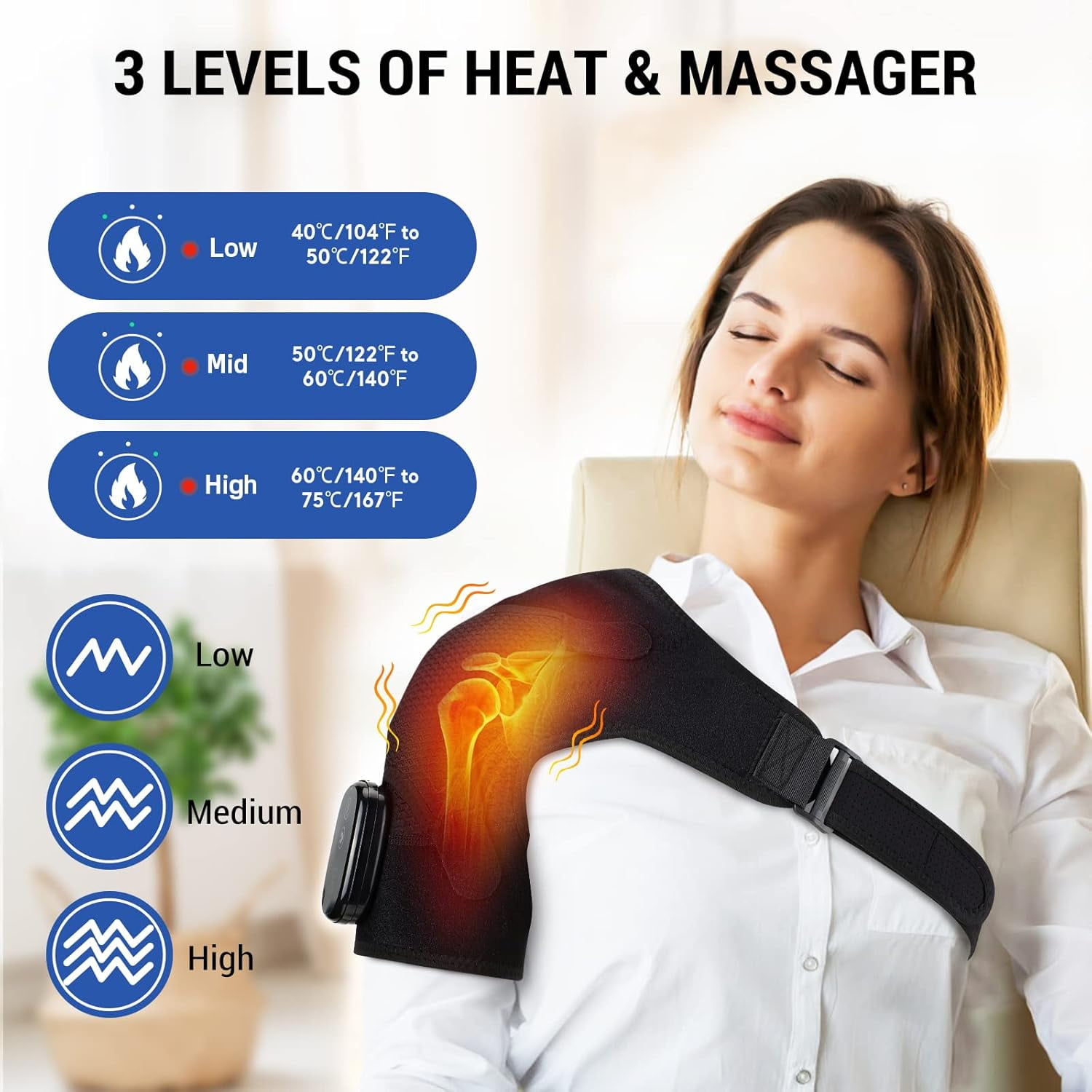 Cordless Shoulder Heating Pad, Shoulder Heated Wrap, Shoulder Heated Massage Brace with 3 Heat & Vibration Levels, Adjustable Straps for Men & Women, 5000mAh Battery, Overheat Protection, Black