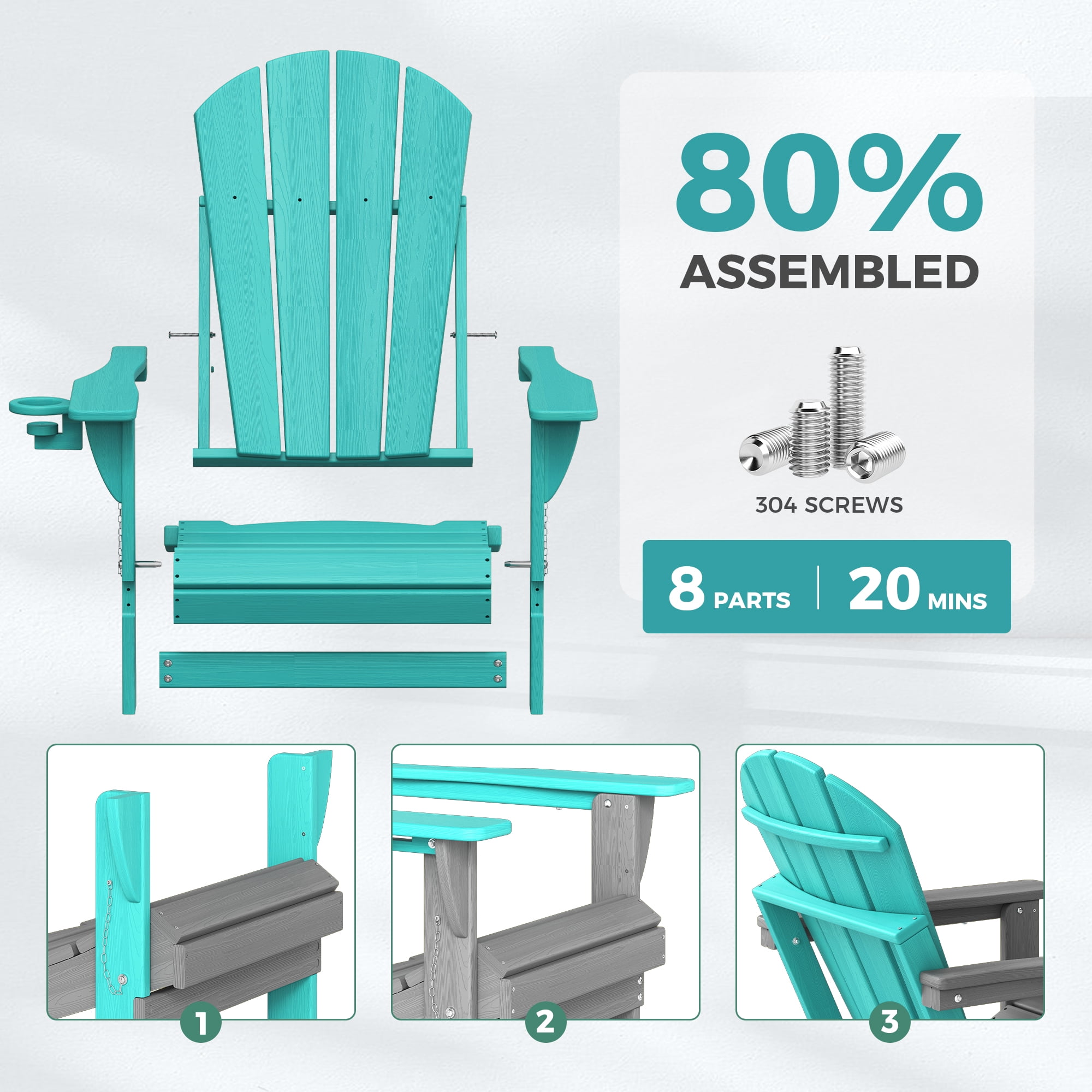 Folding Adirondack Chair Set of 2, Oversized HDPE Plastic Patio Chairs, Aqua