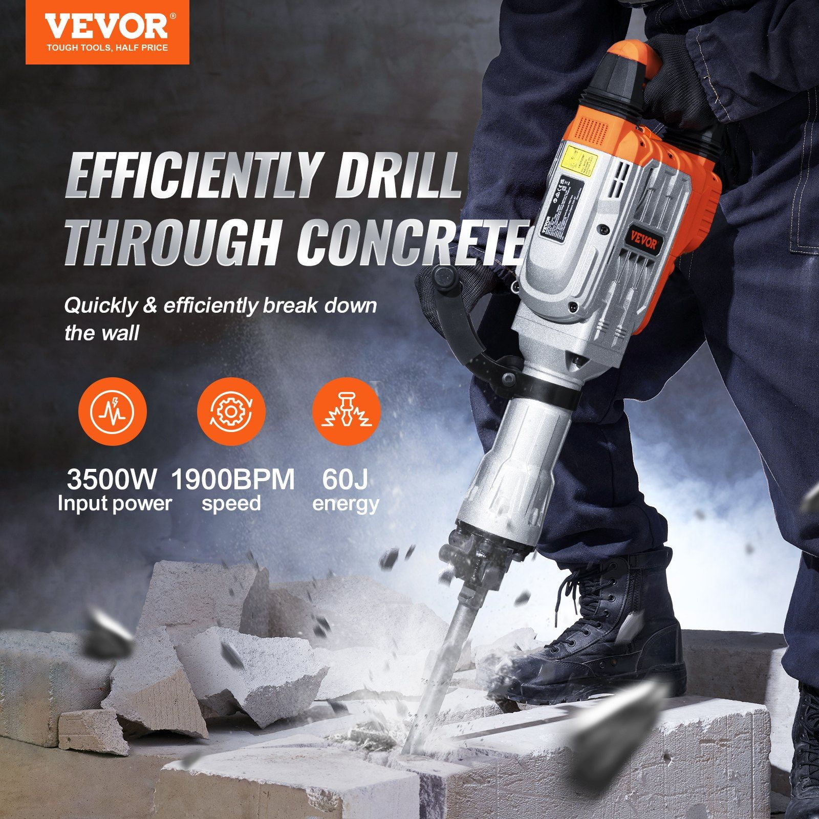 3500W Electric Demolition Jack Hammer with 2 Chisel Bits, Heavy Duty Concrete Breaker for Construction & Renovation