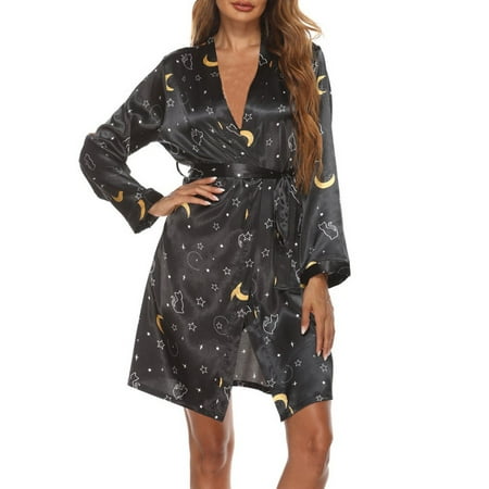 

EHTMSAK Womens Bathrobe Floral Bride Party Bridesmaid Robe Silky Short Satin Sleepwear Loungewear Long Sleeve Kimono Robes Black L