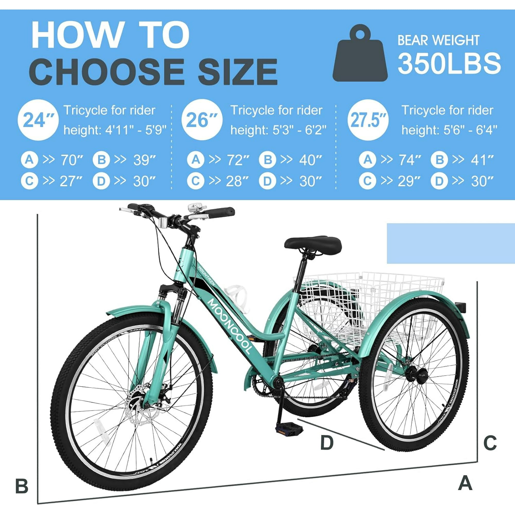 Lilypelle Mountain Tricycle for Adults, MTB 7 Speed Three Wheel Bike, 24/26/27.5 Inch Adults Trikes w/ Disc Brake & Cargo Basket for Women, Men, Seniors